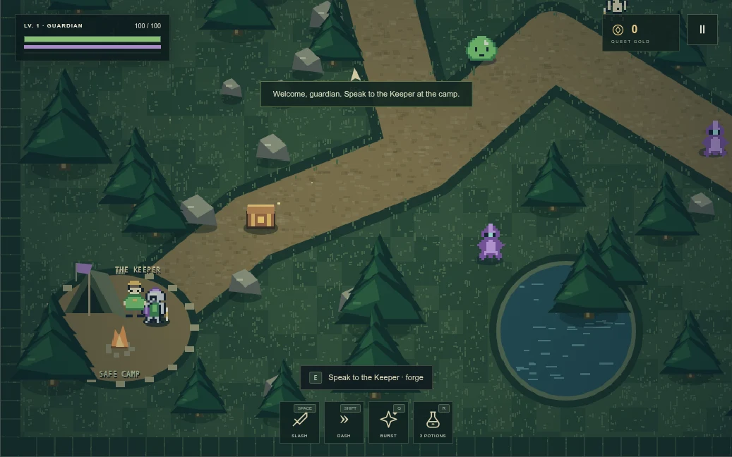 Realmguard gameplay: a knight at a forest camp, with treasure, enemies, and an enchanted woodland